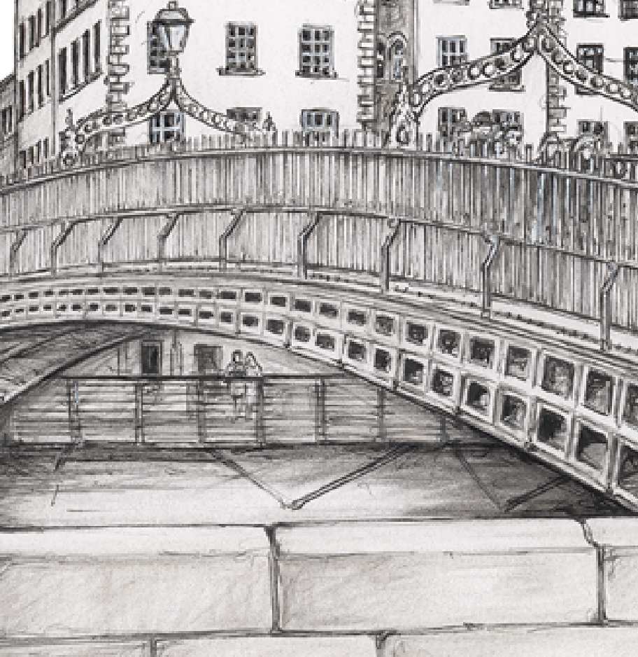 Pencil drawing of a stone bridge with architectural background