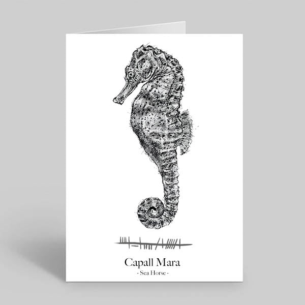 Sea-horse-greeting-card-Irish-language-ogham-text
