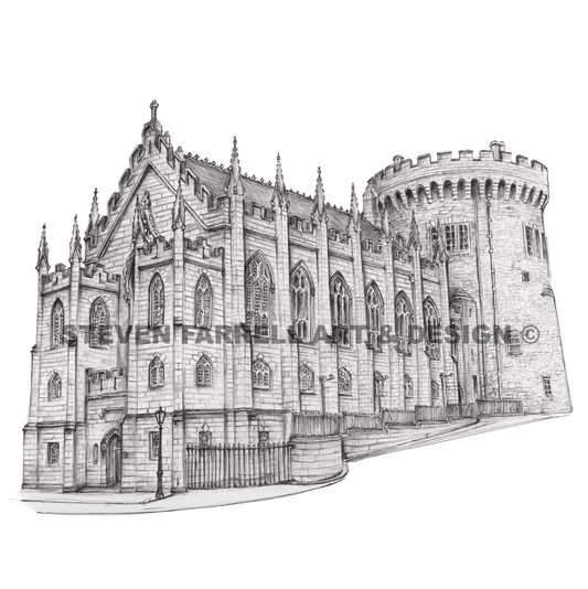 Black and white illustration of a gothic-style building with detailed architecture.