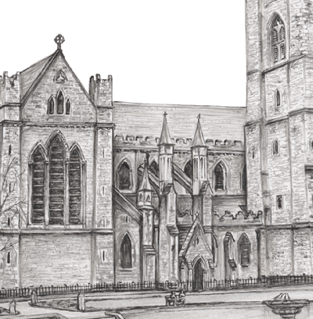 Detailed black and white drawing of a large cathedral with intricate architecture.
