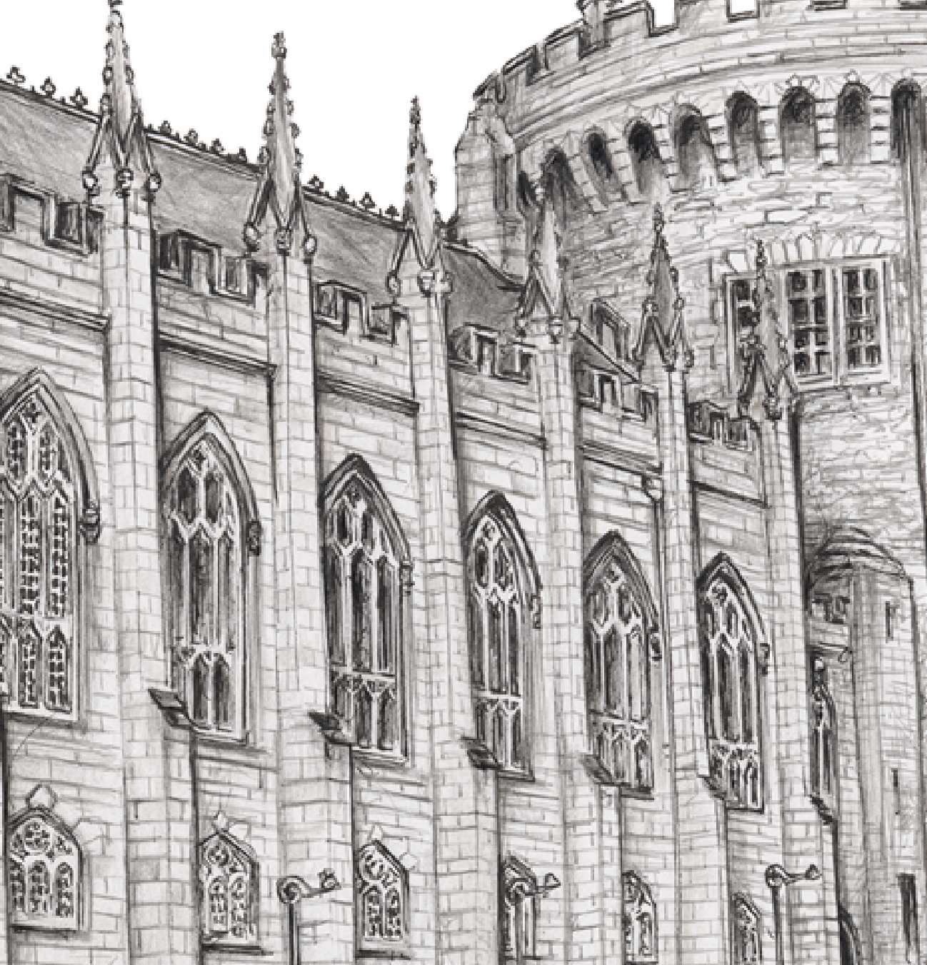Detailed black and white drawing of a gothic-style building facade.